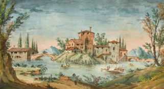 Early 19th Century Italian School, fishermen in traditional boats hauling their nets on a mountain