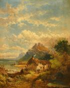 Joseph Horlor (1809-1887) British, female figure leaving a cottage by the coast, oil on canvas,