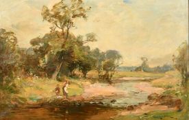 George Whitton Johnstone (1849-1901) Figures crossing a river, oil on canvas, indistinctly signed,