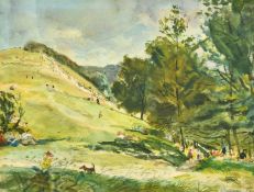 Dennis William Reed (1917-1979) Figures on a hillside, 'Box Hill Easter Monday, 1944',