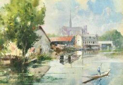 Charles Rebel Stanton (1854-1954), a figure punting on a river, watercolour, signed, 6.5