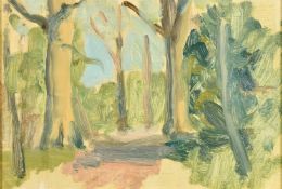 Charles Church (b. 1971) British, a study of a pathway through trees, oil on board, 6