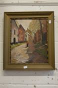 Continental school, a figure on a path with buildings and trees, oil on canvas, signed.