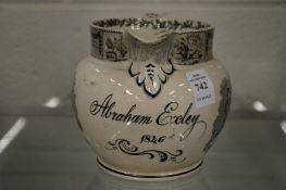A commemorative Staffordshire jug for Abraham Exley 1846.