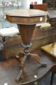 A Victorian walnut octagonal shaped worktable on tripod base.