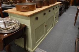 A good large pine and painted pine dresser base with three frieze drawers and pair of cupboard