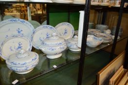A comprehensive blue and white dinner service.