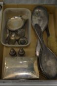 Silver cigarette case, pair of pepperettes, silver backed dressing table items and miscellaneous