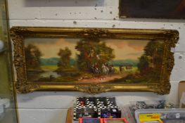 Huntsmen and hounds on horseback in an extensive landscape, oil on canvas in a decorative gilt