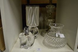A pair of small Sevres glass table lamps, another lamp, and a shade.