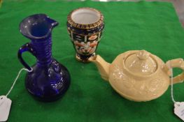 A miniature teapot, Crown Derby vase and a glass ewer.