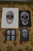 In the manner of Damien Hirst, crystal skull, colour print on canvas and three other items similar.