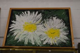 Colourful abstract flower study, large, oil on board.