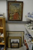 A woolwork tapestry picture, a framed indenture and three pictures.
