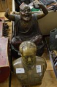 Bronze bust of Chairman Mao and a carved wood figure of a China man.
