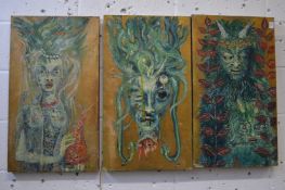Abstract figure subjects, set of three, oil on board.
