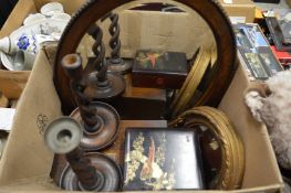Two mirrors, pair of barley twist candlesticks etc.
