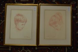 A pair of sanguine chalk portrait studies of a head of a boy and girl (pair).