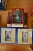 Two Waterloo figures, boxed, as new and three others.