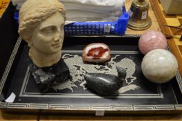 Lacquer tray, pottery bust on a marble base and other decorative items.