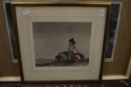 William Russell Flint, seated female figure with a basket, colour print, pencil signed.