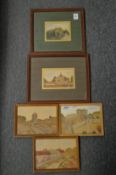 Five sand pictures depicting church castle ruins etc.