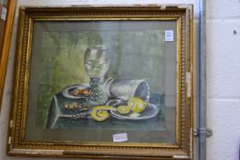 A still life of a glass and fruit on a table, watercolour together with a small picture of a man