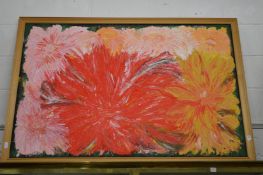 Colourful abstract flower study, large, oil on board.