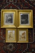 A pair of small watercolour paintings and a pair of gilt framed engravings.