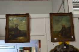A 19th century English school, male and female figure seated on a rocky coastal landscape, oil on