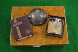 A burr wood cigarette box and other items.