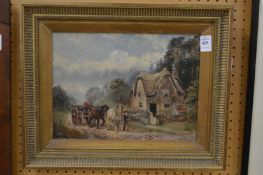 Tippet, rural scene with a cottage, horse and cart and figure with a horse, oil on board.