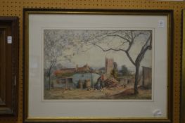 W A Sheldon, rural landscape with buildings and figure by some barrels, watercolour, signed.