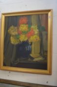 Still life of flowers in a jug, oil on board.