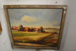 Extensive rural landscape with farm buildings, oil on canvas.