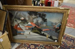 Chinese school reverse painting on glass and a box of various paintings and prints.