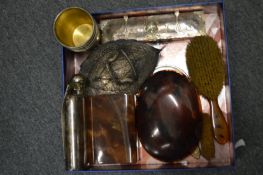 Plated hip flask, cigarette box, other collectables.