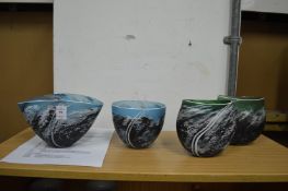 Martin Andrews, two decorative blue glass vases and a pair green glass vases by the same artist.