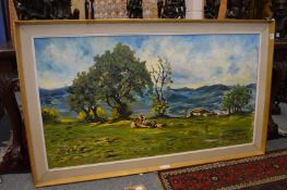 Figures seated in a mountainous wooded landscape, large oil on canvas, signed.
