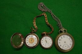 Three various pocket watches and chains.
