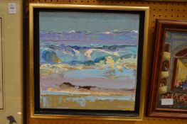 A small modern oil on canvas depicting waves on a shore, signed Edwards.