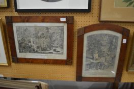 Two Continental engravings depicting boars in decorative mahogany frames.