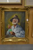 Continental school, elderly gentleman with a white beard playing cards, oil on board, in a