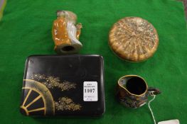 A Japanese lacquer box, satsuma box and cover, cloisonne jug and a Chinese figure.