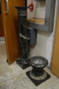 A marble pedestal column, similar pedestal vase and stand.