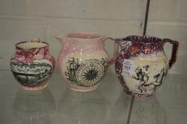 Three Sunderland lustre ware jugs.