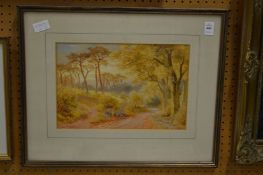 Charles Pyne, wooded rural landscape with figures on a path, watercolour, signed.