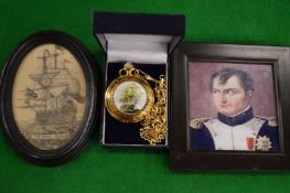 Decorative pocket watch and two miniatures.
