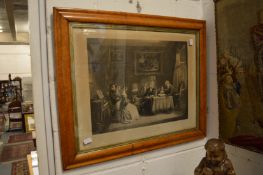 Figures in an interior, black and white engraving in a maple frame.