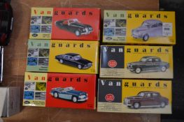 A group of six Vanguards models of classic cars, all boxed.